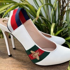 Gucci White Sylvie Leather Bee Embroidered Web Detail Slingback Pumps EU 38